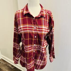 Loft Ann Taylor Plaid Flannel Oversized Everyday Shirt Women's Medium Burgundy